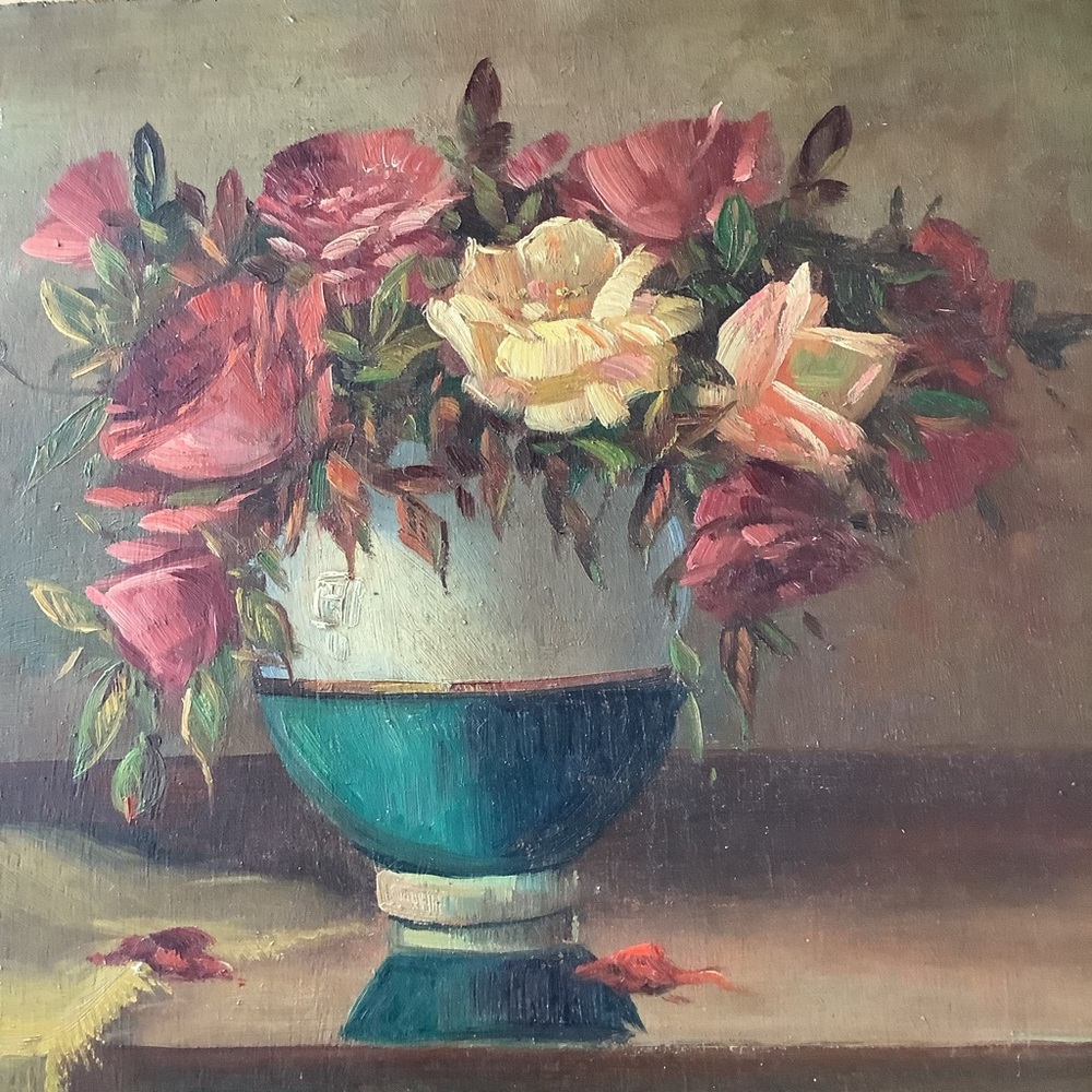 Antique Oil Painting Still Life On Board